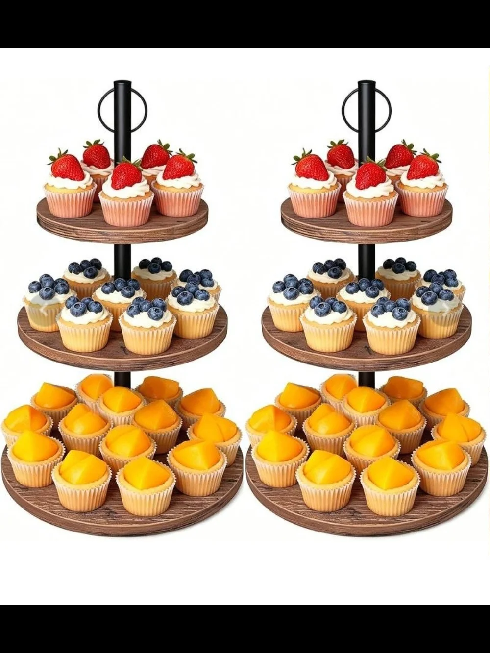 Two Pack- New- Wooden 3-Tier Dessert Stand - Brown